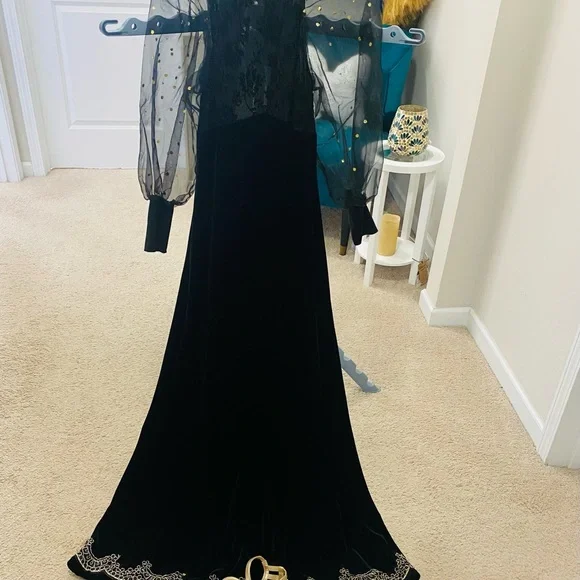 Black Long Sleeve Maxi Dress with Sheer Polka Dot Sleeves - Picture 3 of 4